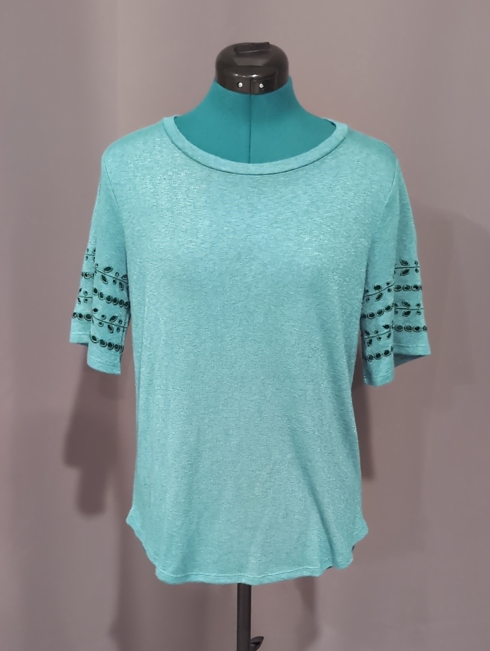 bobeau Teal Short Sleeve Tee with Beaded Sleeve Detail